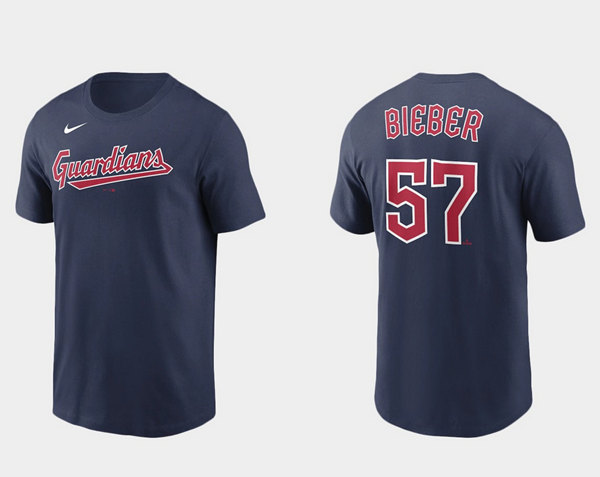 Men's Cleveland Guardians #57 Shane Bieber Navy Name & Number T-Shirt Men's Cleveland Guardians #57 Shane Bieber Navy Name & Number T-Shirt